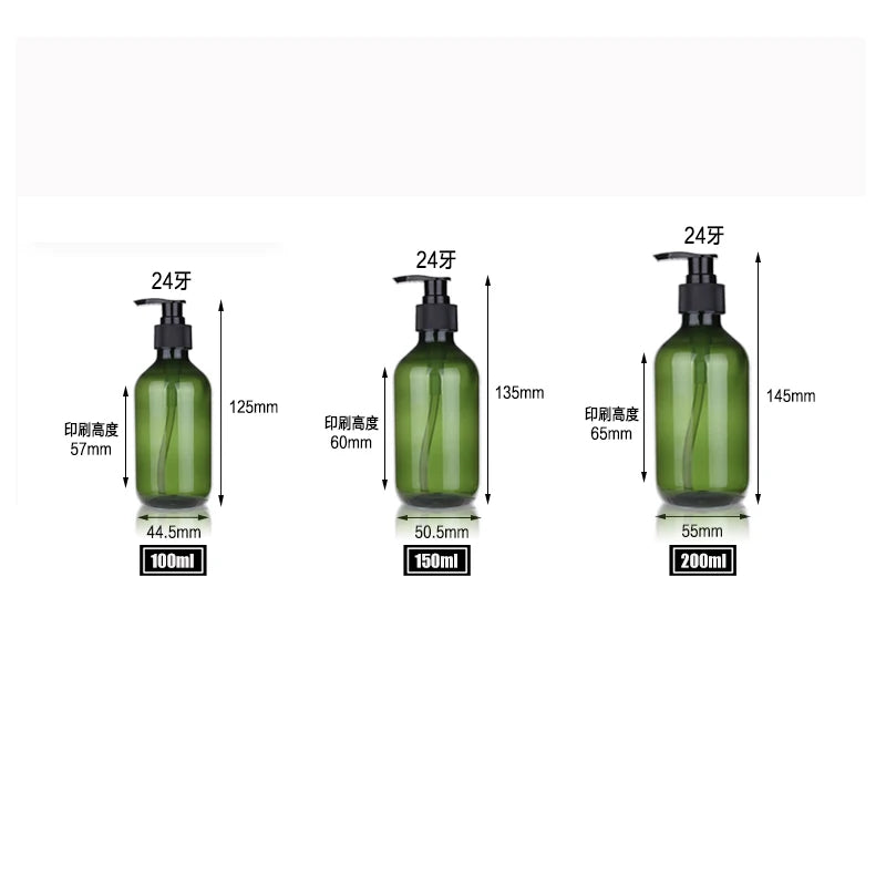 Green pump bottle size diagram for 3.38, 5.07 and 6.76 US fl oz (100, 150 and 200 mL)