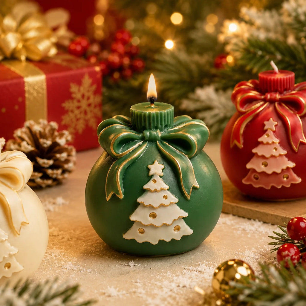 A lit green Christmas ornament-shaped candle with a white tree design and gold trim sits on a festive tabletop, surrounded by holiday decorations including pine branches, red gift boxes, and another red ornament candle in the background.