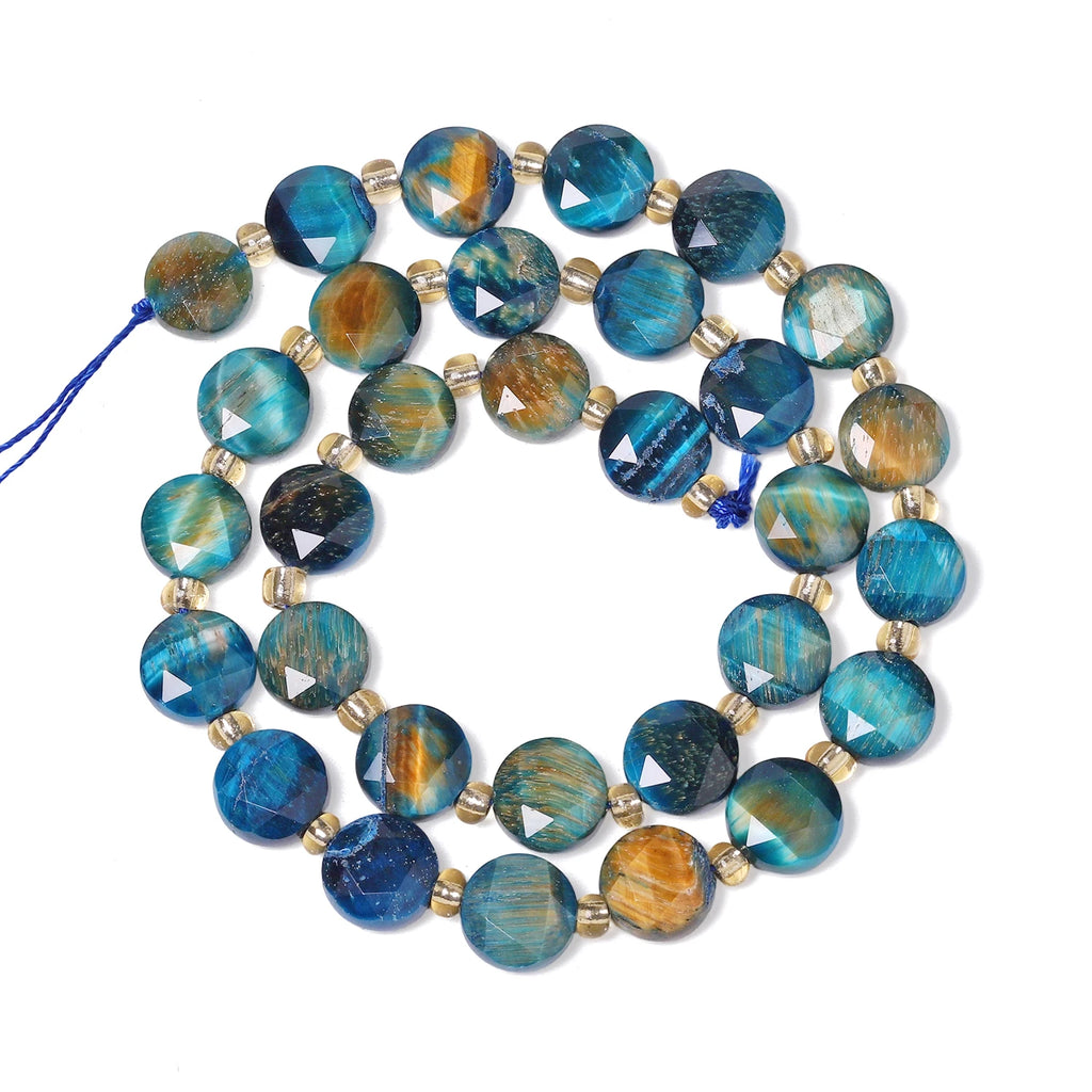 Stone Beads Faceted Coin Lake Blue Tiger Eye for DIY Jewelry Making Craft Beads