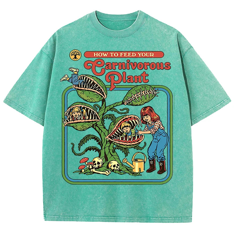 T-Shirt Unisex Carnivorous Plant Print Washed Cotton Crewneck Short Sleeve