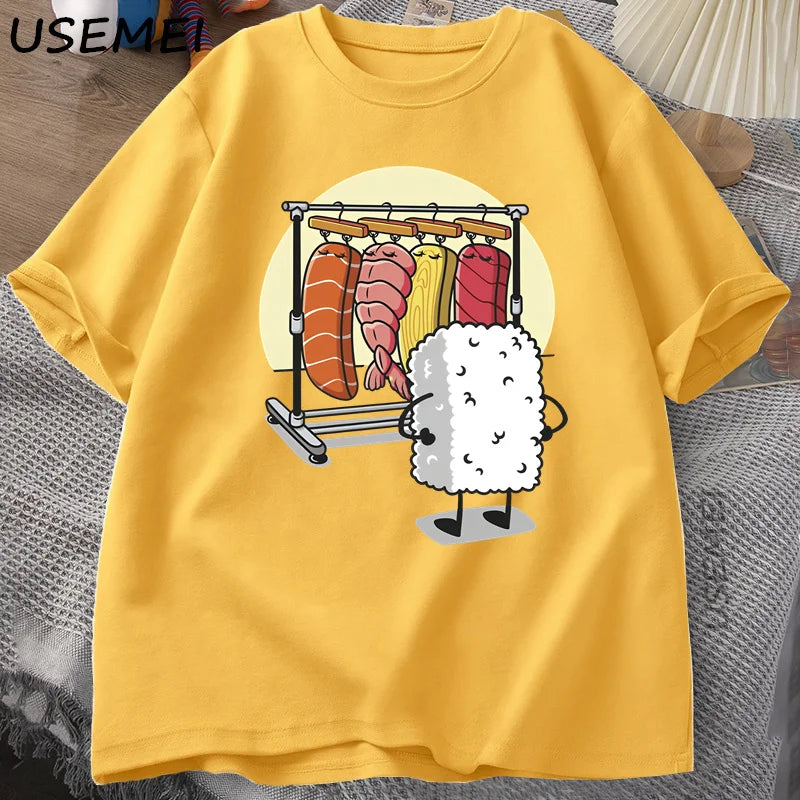 T-Shirt Sushi Wardrobe Funny Rice Ball Graphic Cotton Short Sleeve Unisex Tee
