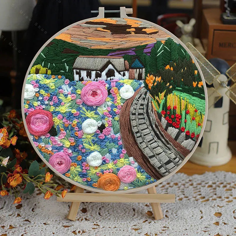 Embroidery Kit, Scenery Patterns with Hoop for Beginner Needlework Crafts