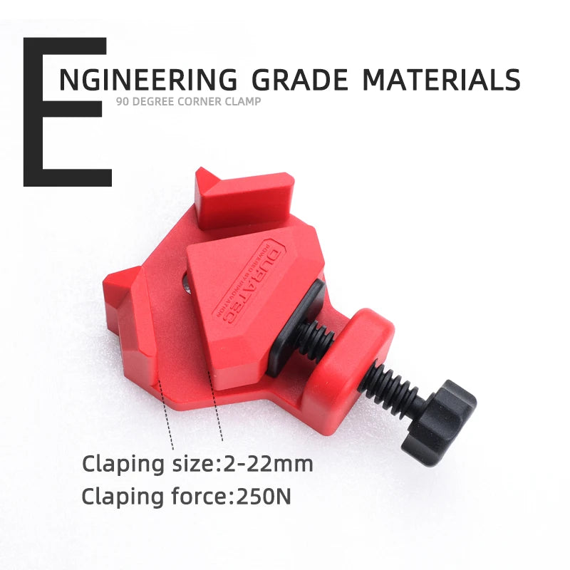 A red 90-degree corner clamp with a black threaded screw and black adjustment knob, shown on a white background with marketing text reading 'ENGINEERING GRADE MATERIALS' and 'Clap ing size:2-22mm Clap ing force:250N'.