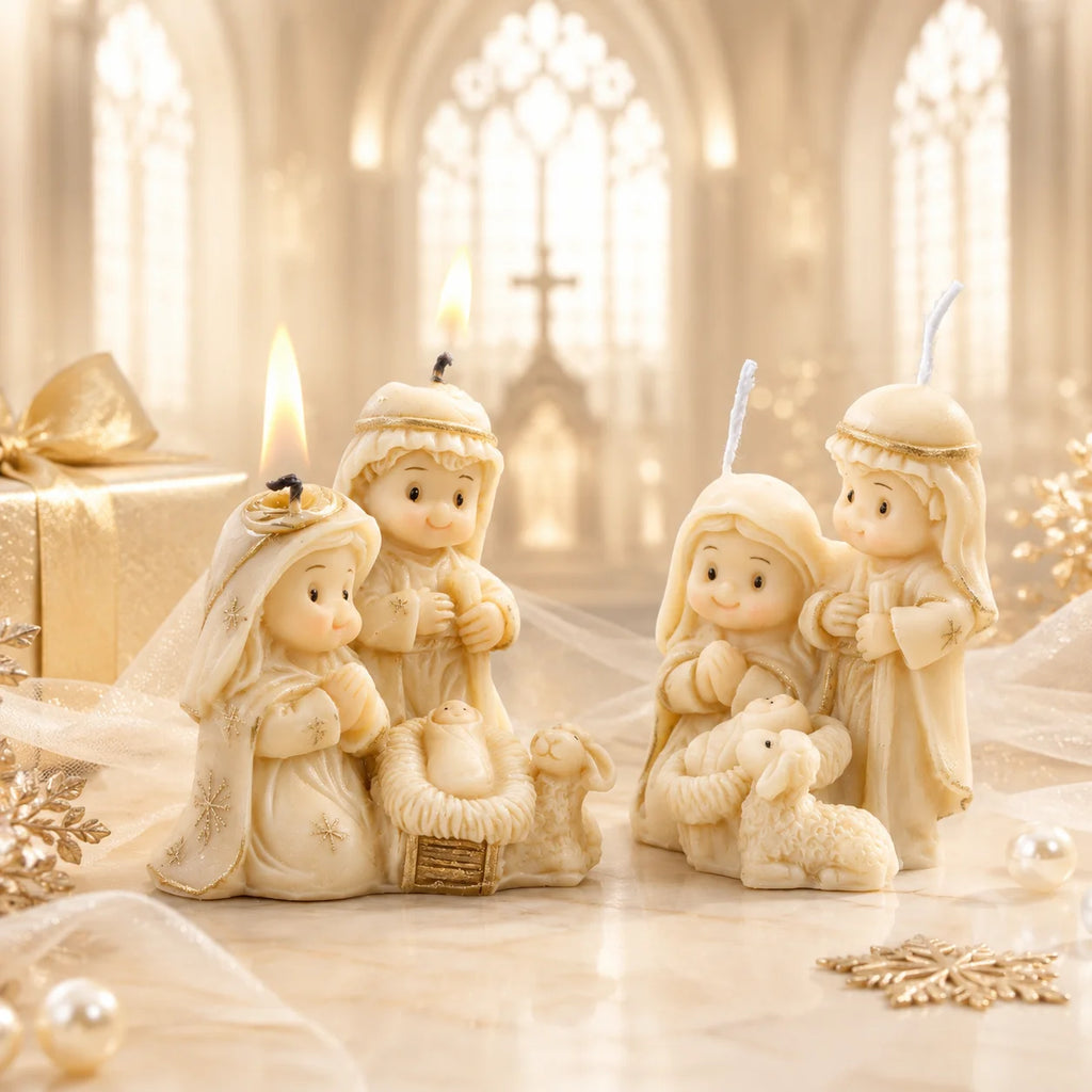 Two ivory Holy Family and baby Jesus candle examples with lamb details, one shown lit