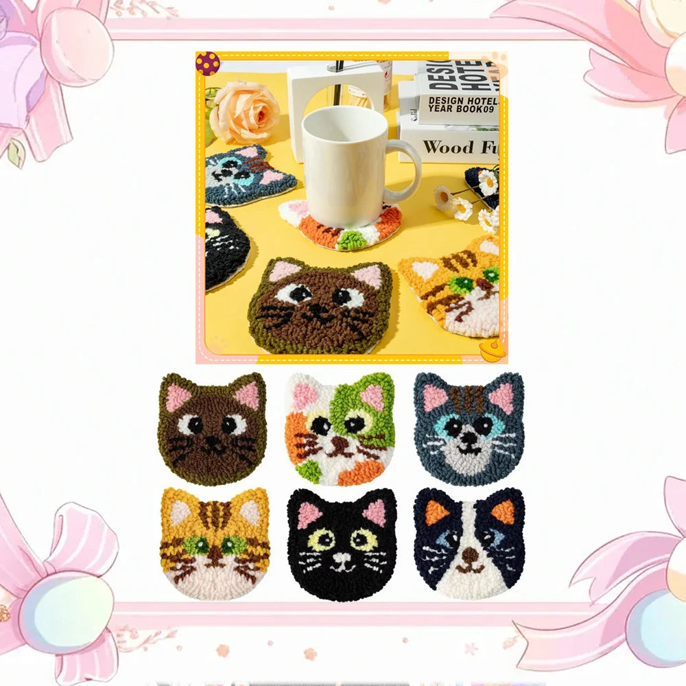 Punch Needle Coaster Kit, Cat Designs for Handmade Cup Mats & Table Decor