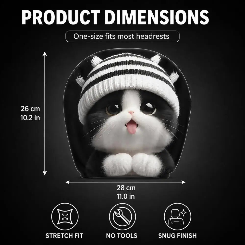Product dimensions graphic for a pet headrest cover featuring a black and white cat wearing a striped beanie. The graphic shows the headrest shape with dimension labels of 26 cm in height and 28 cm in width, plus three feature icons for stretch fit, no tools, and snug finish on a black background.