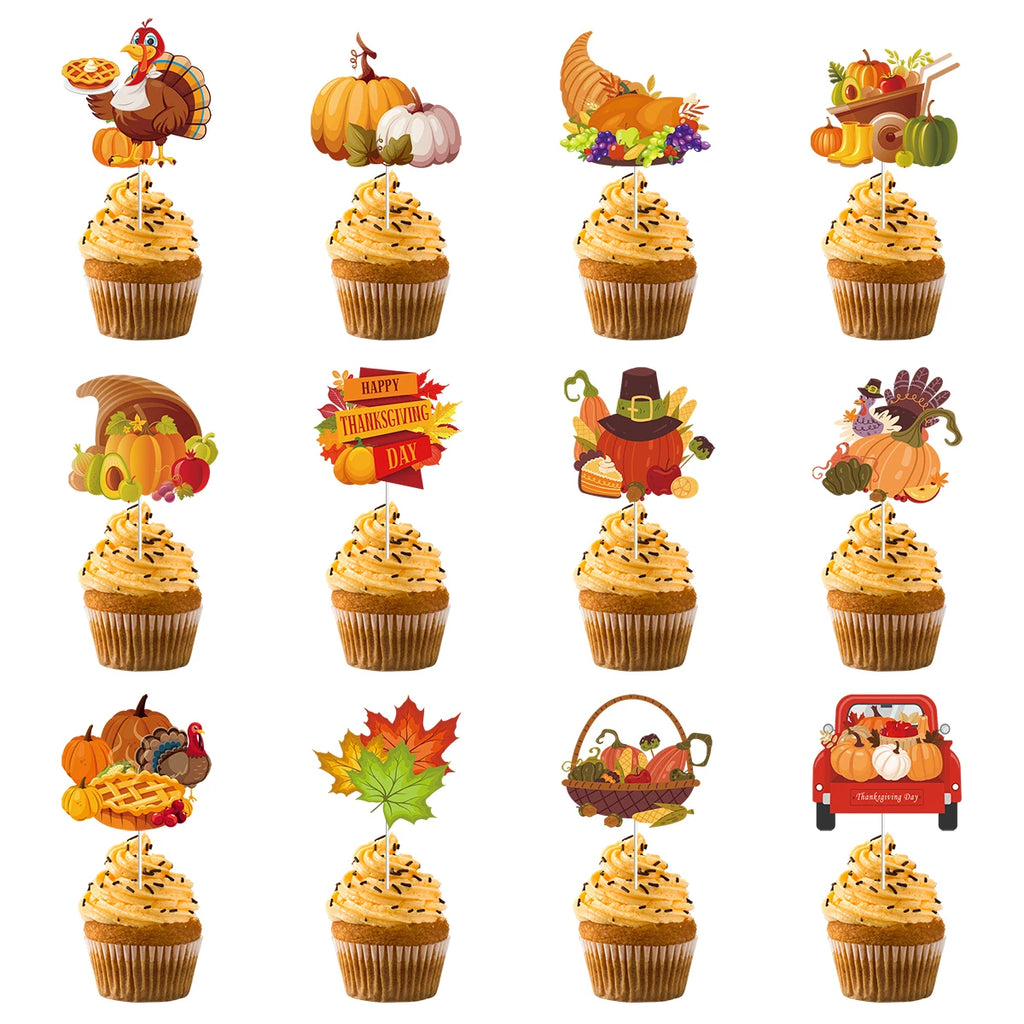 12/24pcs Thanksgiving Cupcake Topper Pumpkin Maple Cake Topper Fall Themed Turkey Food Picks Autumn Thanksgiving Cake Decoration