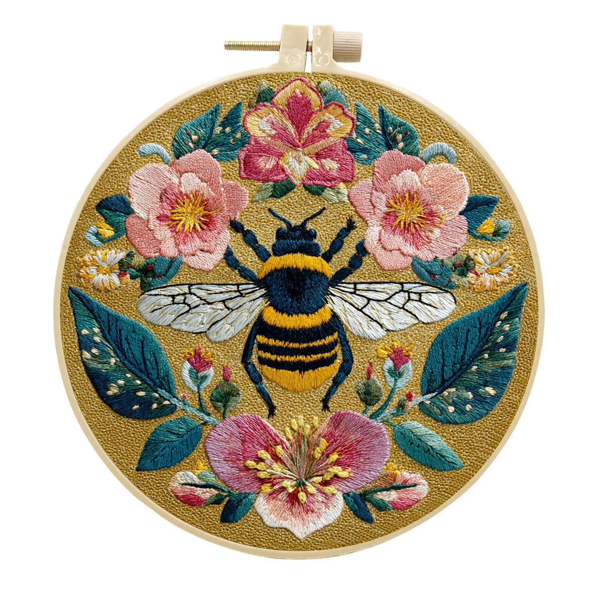 Embroidery Kit, Pink Bee, Flowers, Moon & Stars for Handmade Wall Decor