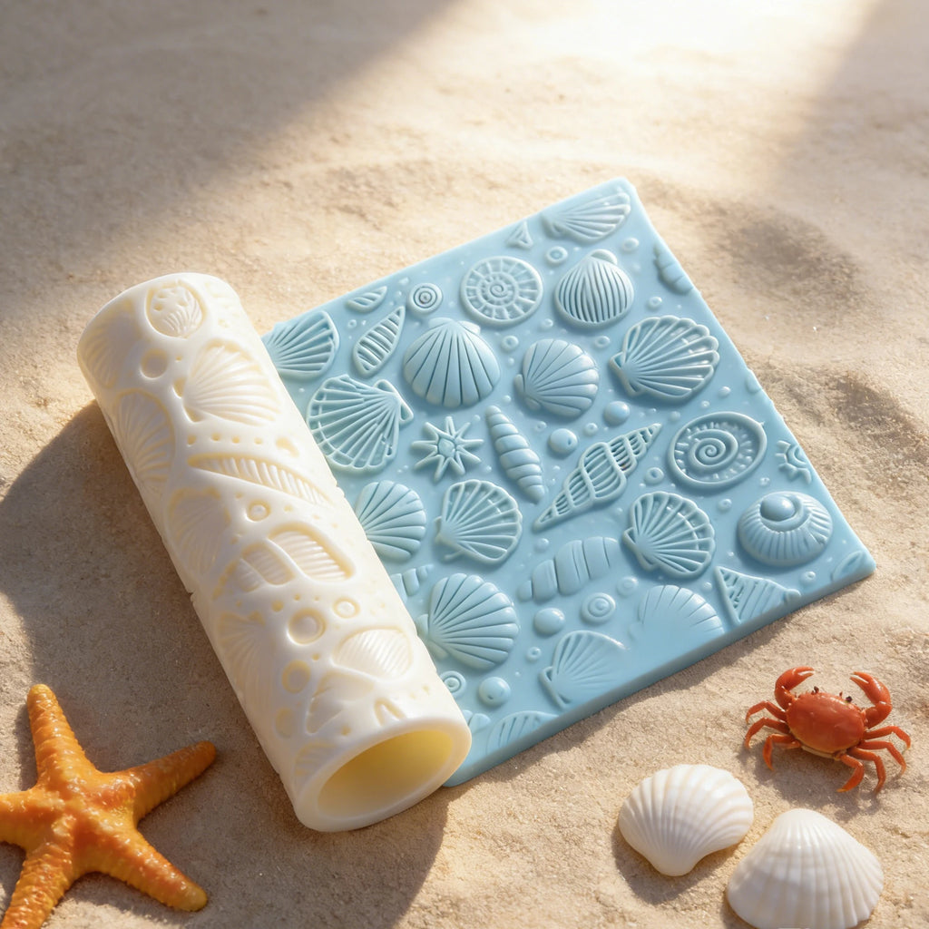 Seashell roller beside an embossed blue panel showing scallop and spiral shell patterns