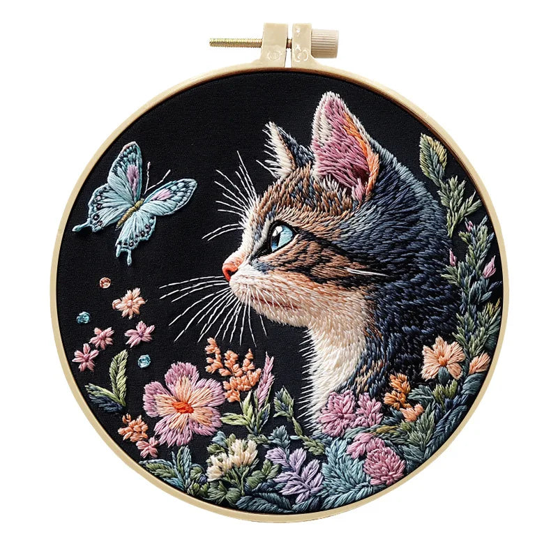 Embroidery Kit, Cats & Flowers for Beginner Needlework & Handmade Decor