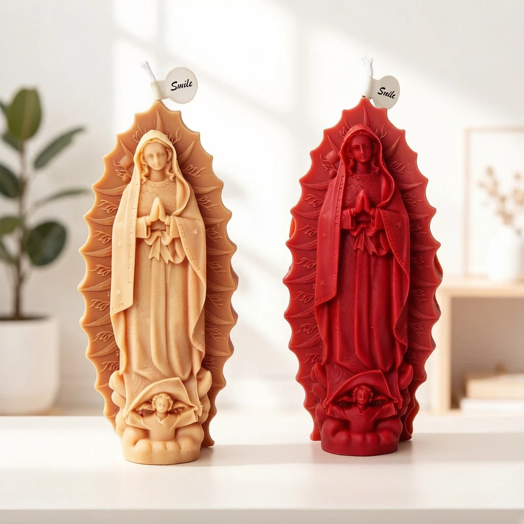Tan and red Virgin Mary example castings showing the radiating decorative surround