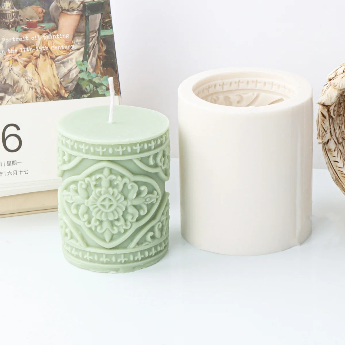 Vintage Floral Totem Cylinder Candle Silicone Mold DIY Creative Embossed Lace Pillar Candle Plaster Making Supplies Mould
