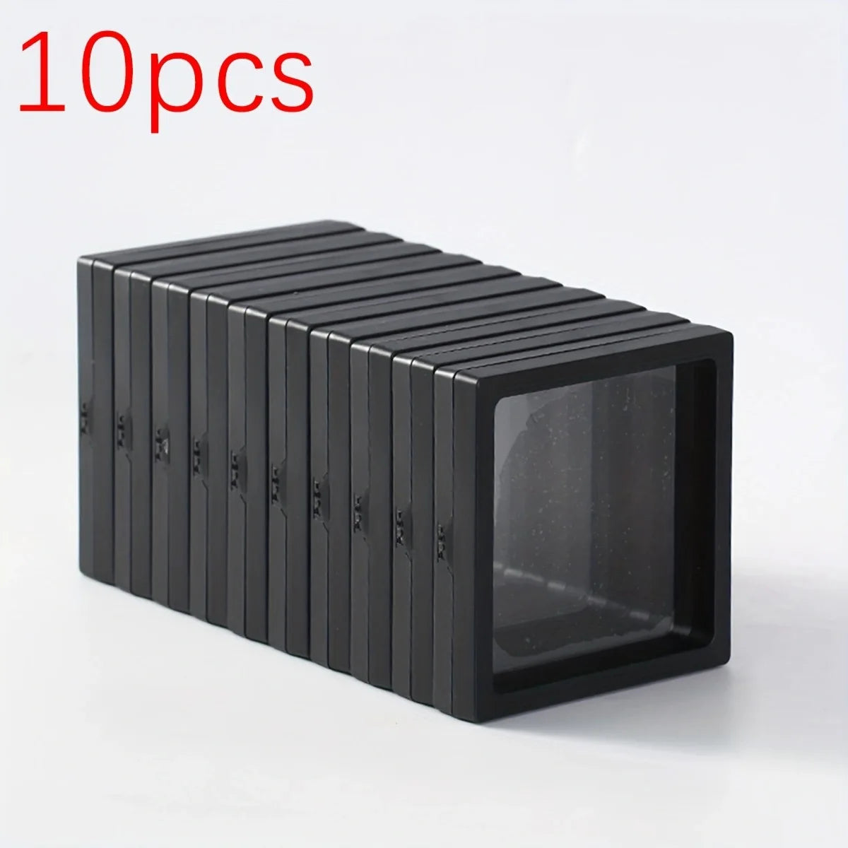 Stack of black rectangular plastic boxes with a clear front on a white background, labeled '10 pcs' in red text.