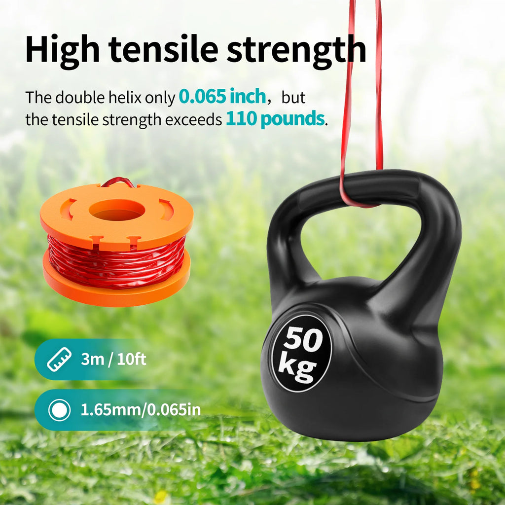 Black kettlebell with 50 kg marking and orange string trimmer on grass background, highlighting high tensile strength.