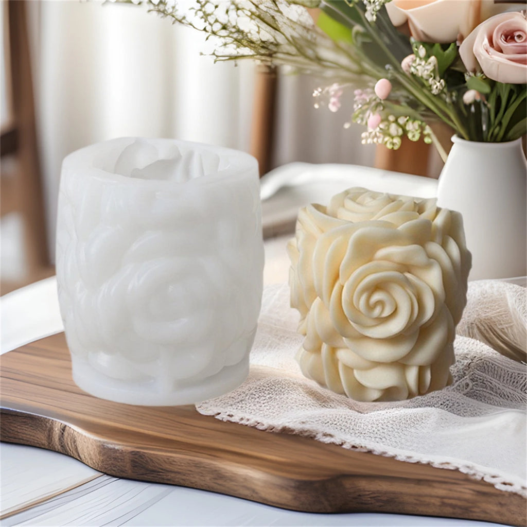 3D Rose Pillar Candle Silicone Mold DIY Geometric Flower Column Scented Candle Plaster Ornament Mold Handmade Gift Wedding Decor