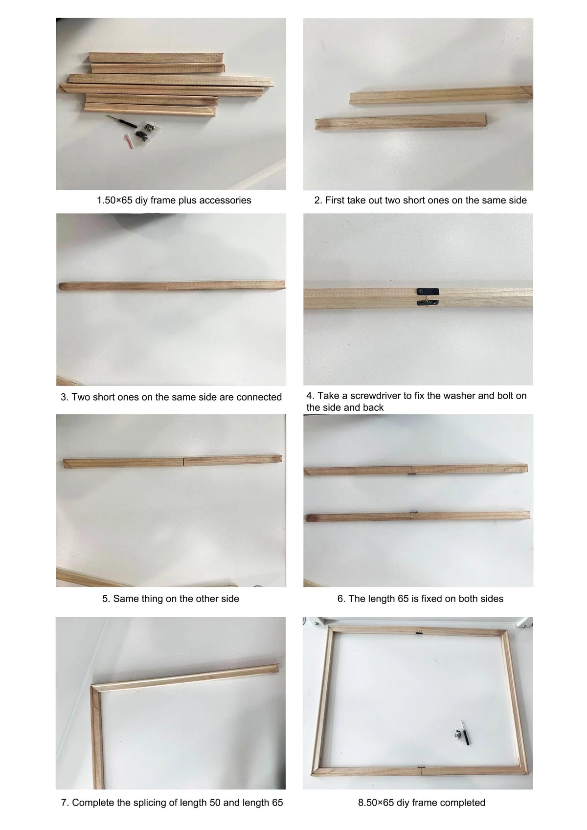 Step-by-step assembly instructions for a DIY picture frame on a white background.