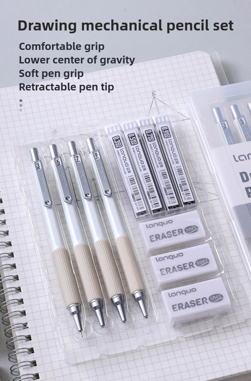 LANGUO Metal Mechanical Pencil Set with Leads & Eraser — 0.3 to 0.9mm