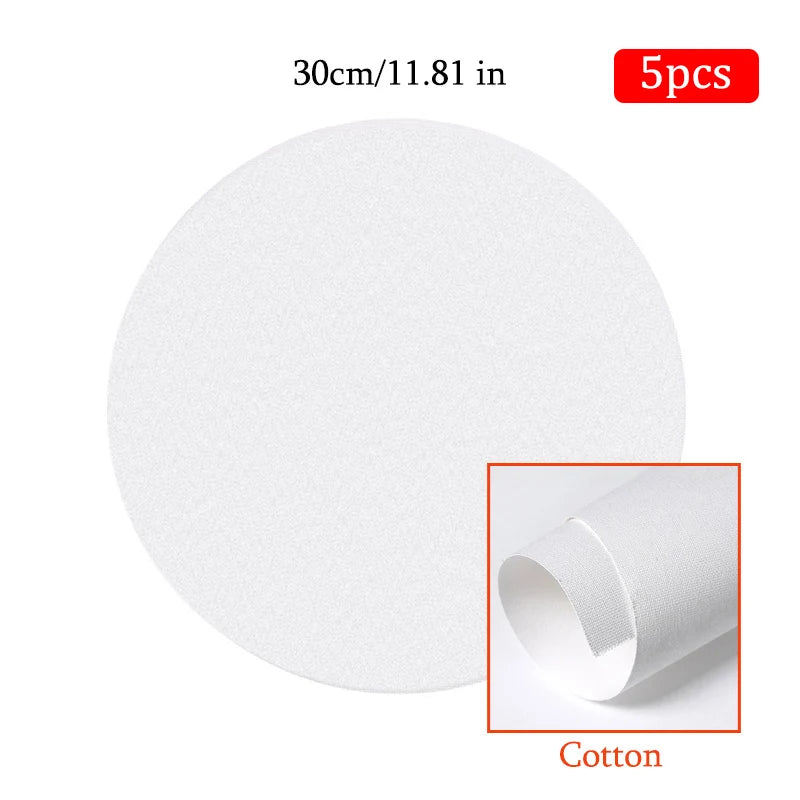 White round canvas pad with size and quantity information on a white background