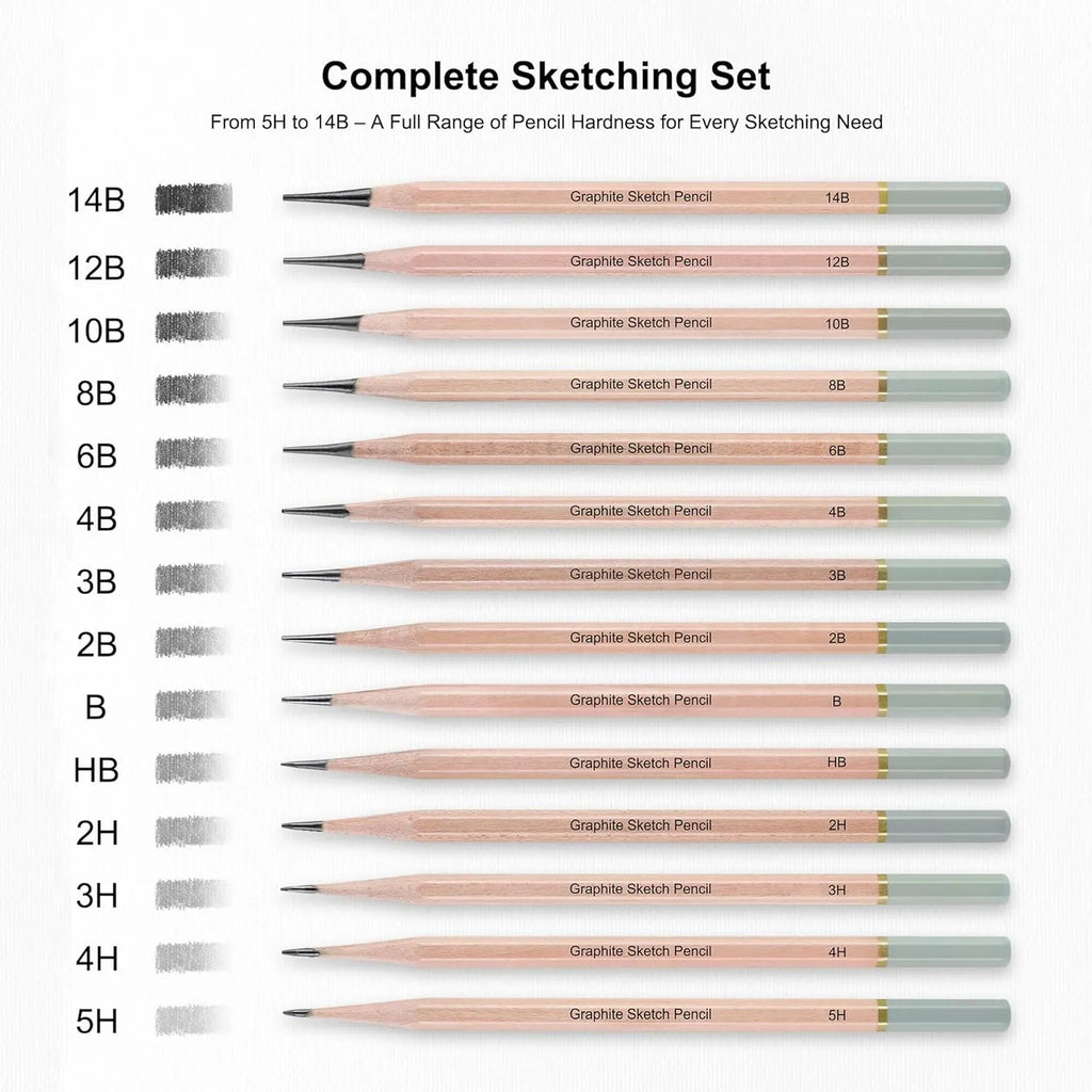 18-Piece Professional Sketch Pencil Set — 5H to 14B, Eraser, Sharpener & Blending Stump
