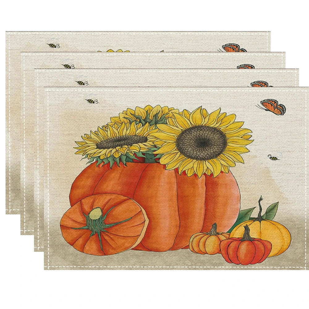 Fall Thanksgiving Linen Placemats, 13 Designs, Sets of 4/6/8, 16.5x12.6 in