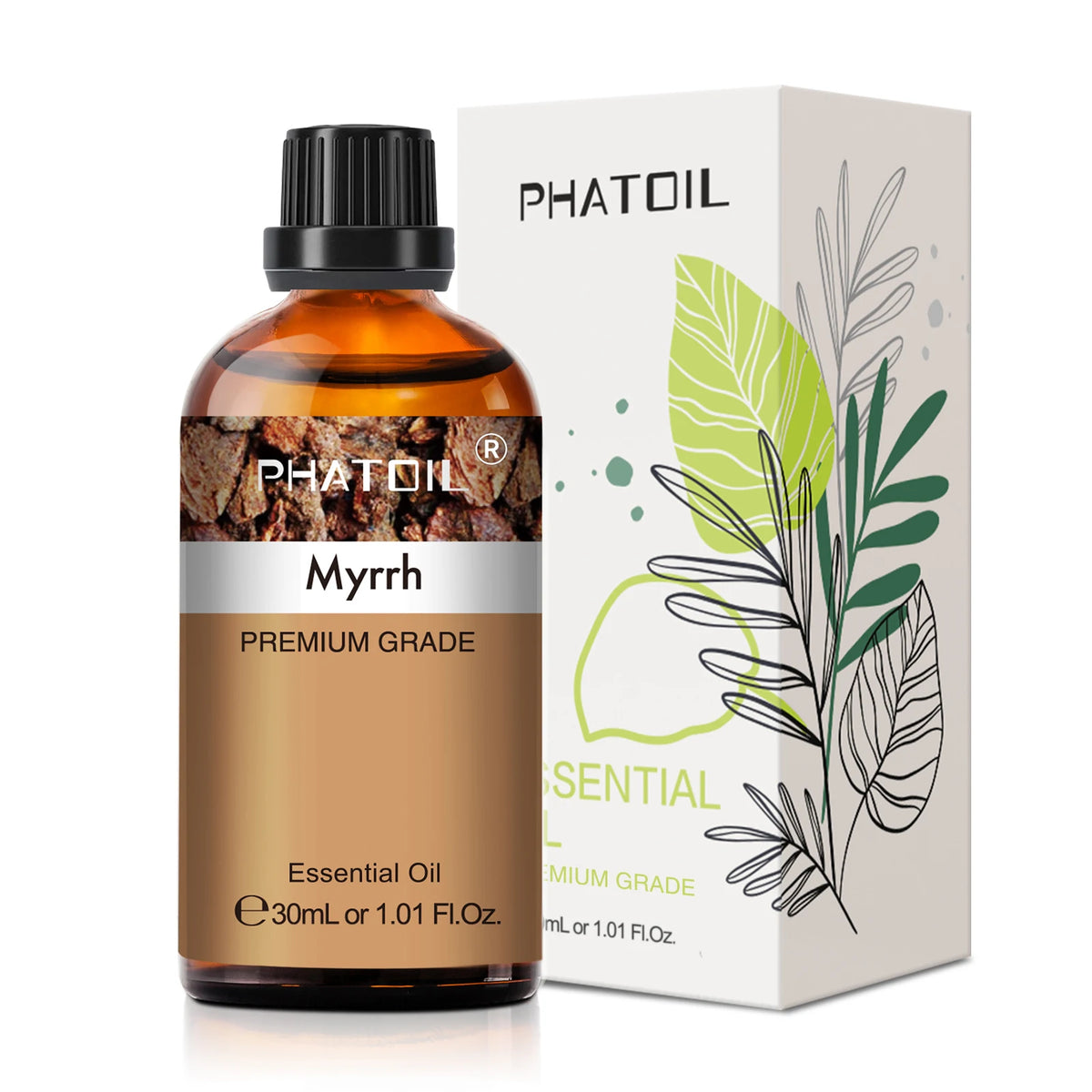 Phatoil Myrrh essential oil bottle and packaging on a white background