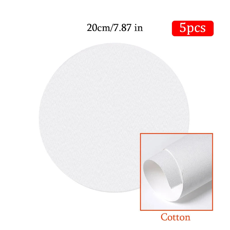 White round cotton canvas with size and quantity information on a white background
