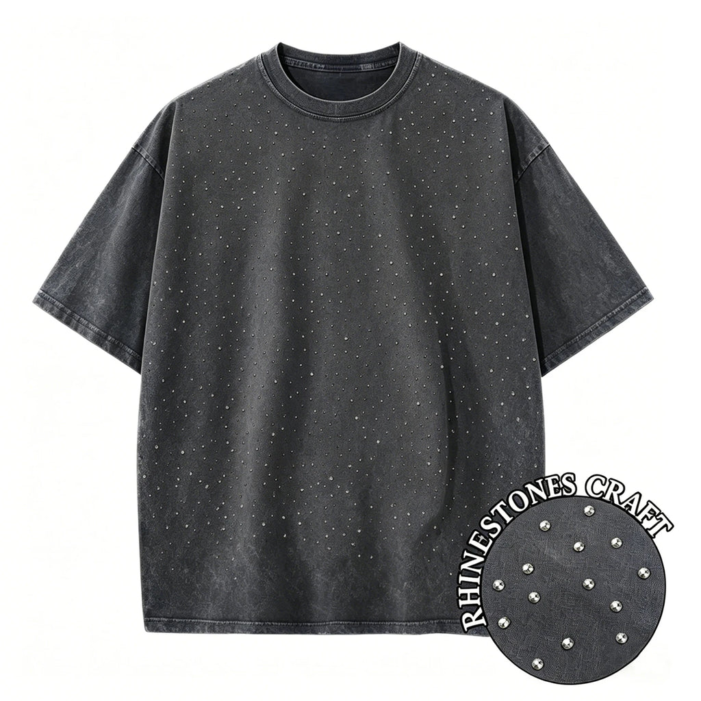 T-Shirt Unisex Rhinestone Acid Wash 100% Cotton Retro Punk Loose Hip Hop Tee