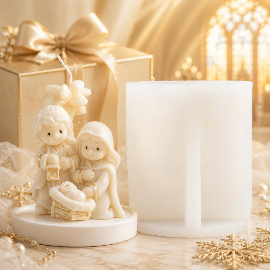 Ivory Nativity casting with lantern-holding Joseph, Mary and baby Jesus beside a white silicone mold