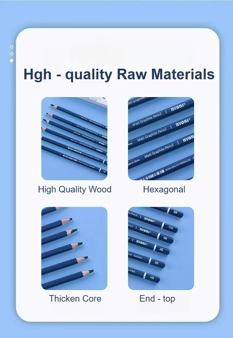 NYONI Matte Sketch Pencil Set — Iron Case, Eraser & Blending Stump Included