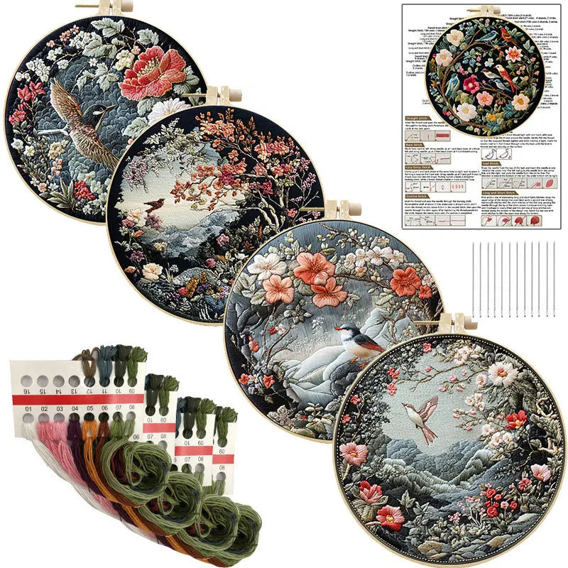 Embroidery Kit, Birds, Animals & Flowers for Handmade Landscape Wall Art