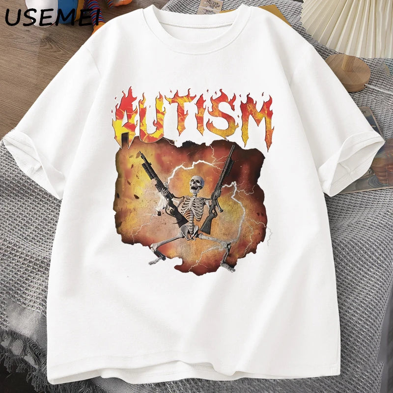 T-Shirt Autism Flame Text Skeleton Graphic Cotton Short Sleeve Unisex Tee