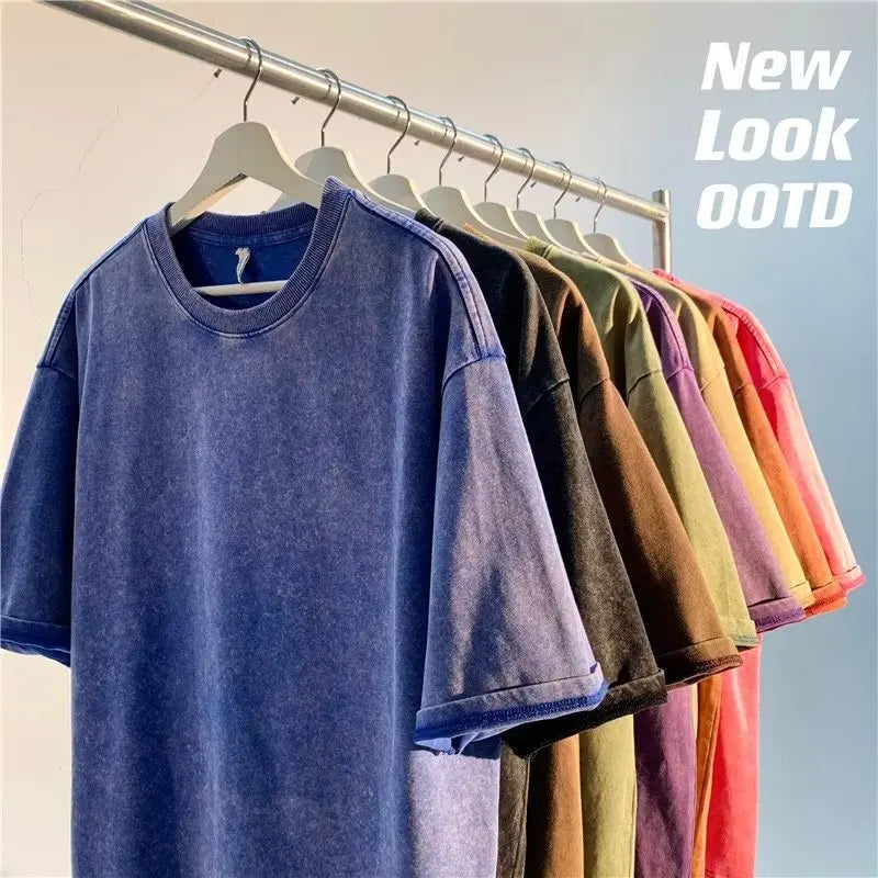T-Shirt Unisex Washed Oversized Heavyweight Solid Color Vintage Loose Tee