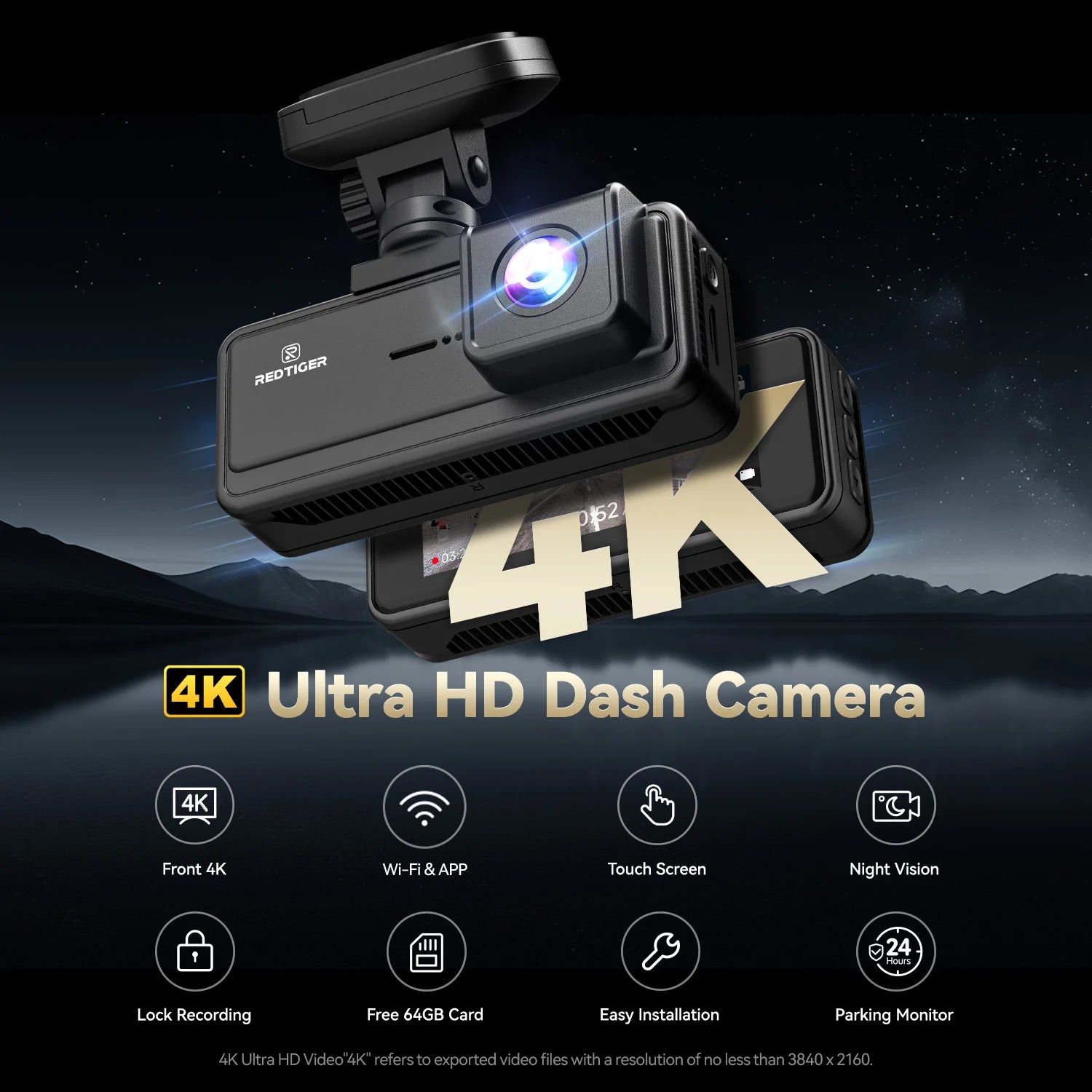 A black 4K ultra HD dash camera shown at an angle against a dark night sky and mountain background, with large '4K' text and feature icons below. The camera body has a visible 'NEXT TIGER' logo.   Product is a REDTIGER A8 4K+1080P ADAS Dash Cam 3.18" IPS Touch Screen Front And Rear Car Camera Built-in WiFi And GPS Car DVR Night Vision.