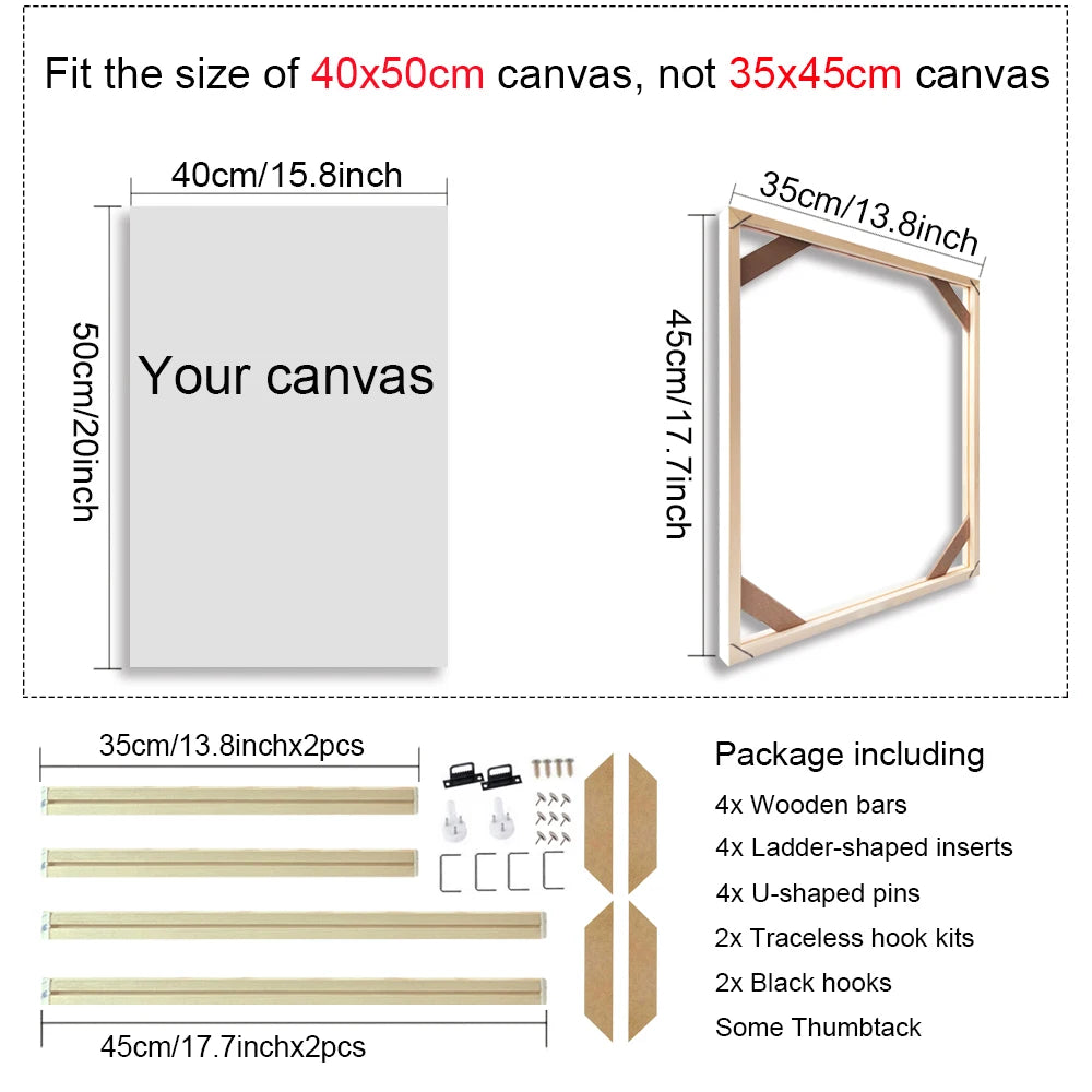 Wooden picture frame with dimensions and package contents on a white background