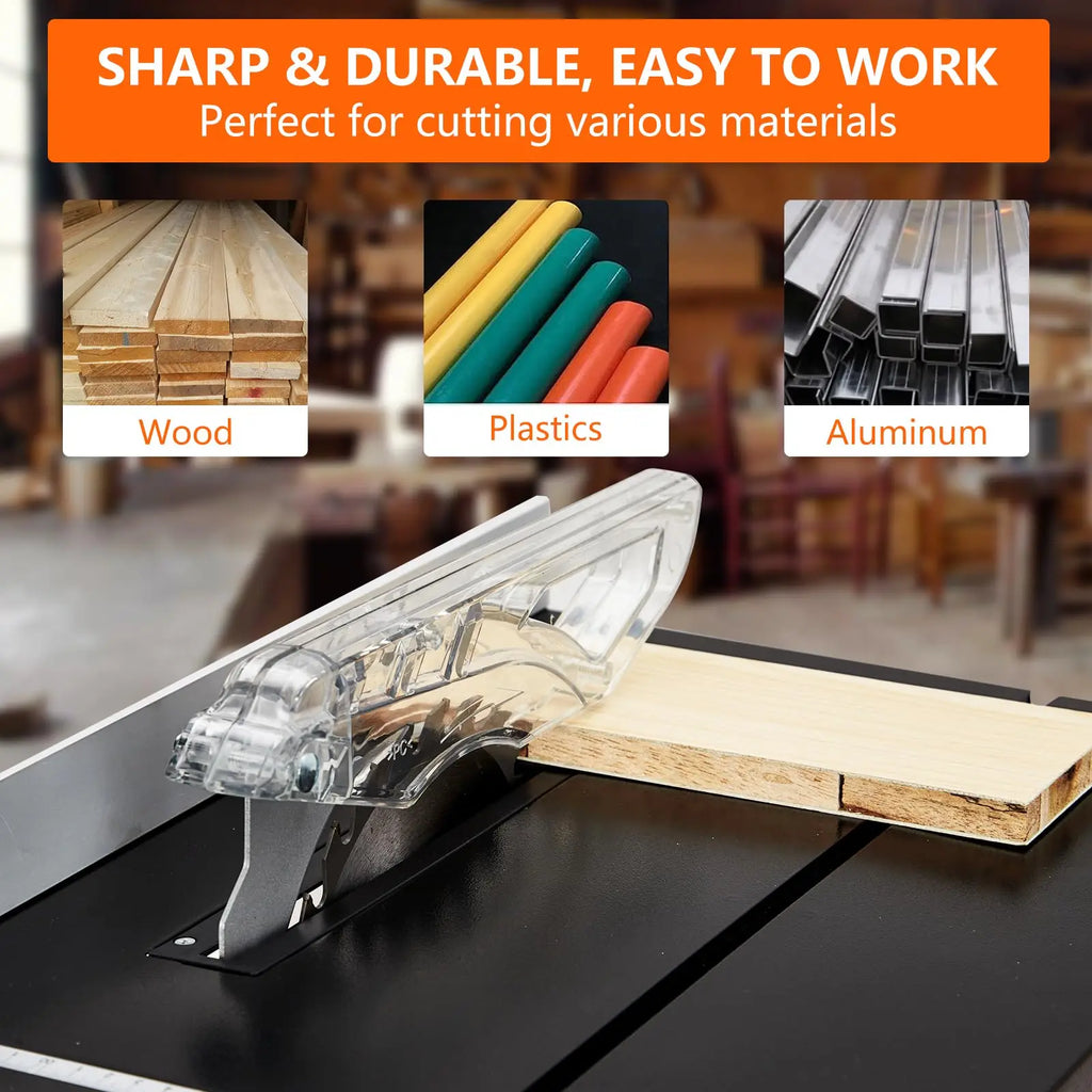 Table saw with cutting materials like wood, plastics, and aluminum, with text highlighting its features.