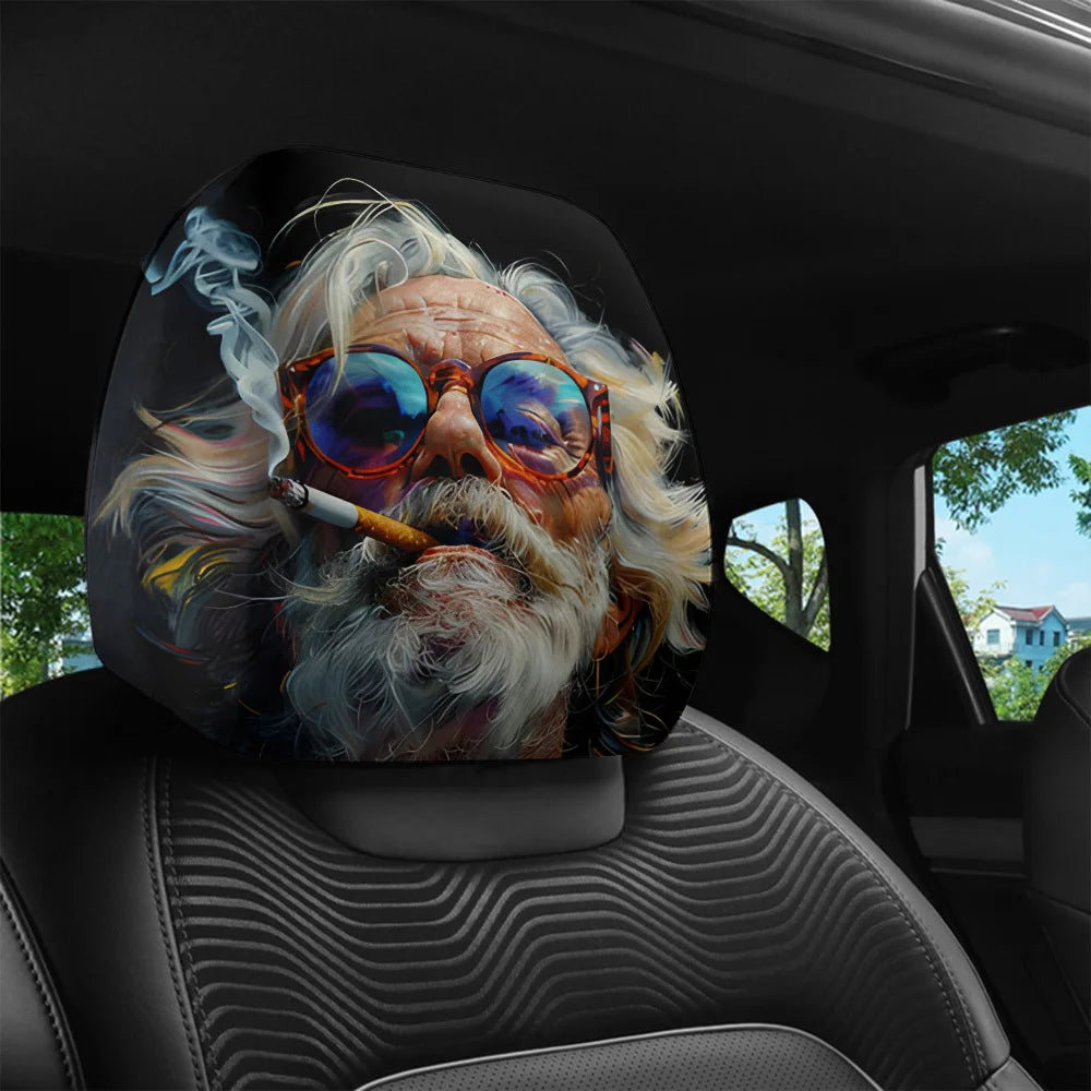 Car Headrest Covers, Hippie Old Man Print, 2pcs, Universal Fit