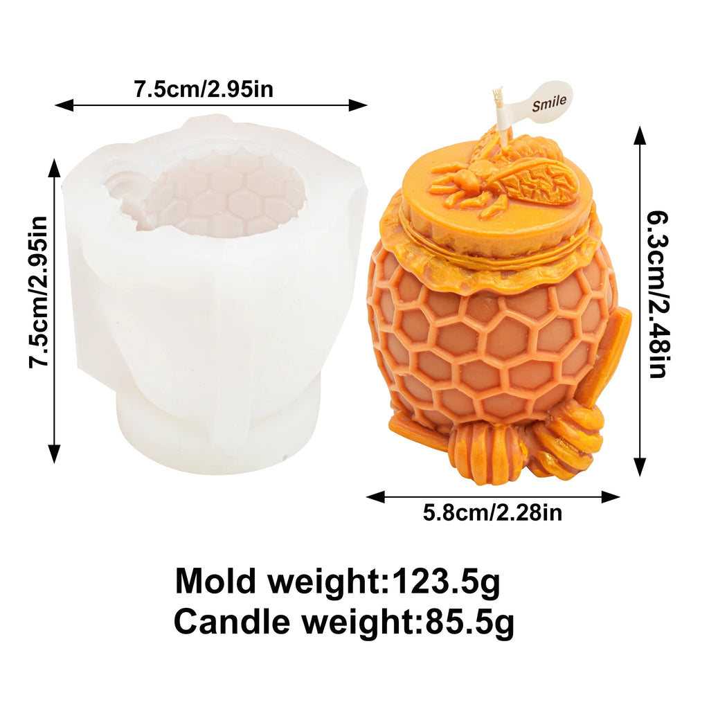 Honey jar silicone mold and orange example candle diagram with separate tool and casting measurements