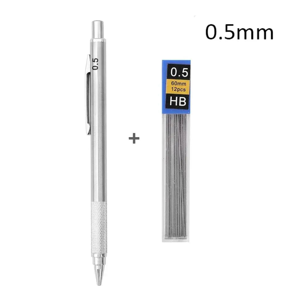 Mechanical Pencil, Metal Anti-Slip Grip, 0.3–2.0mm + Lead Refills