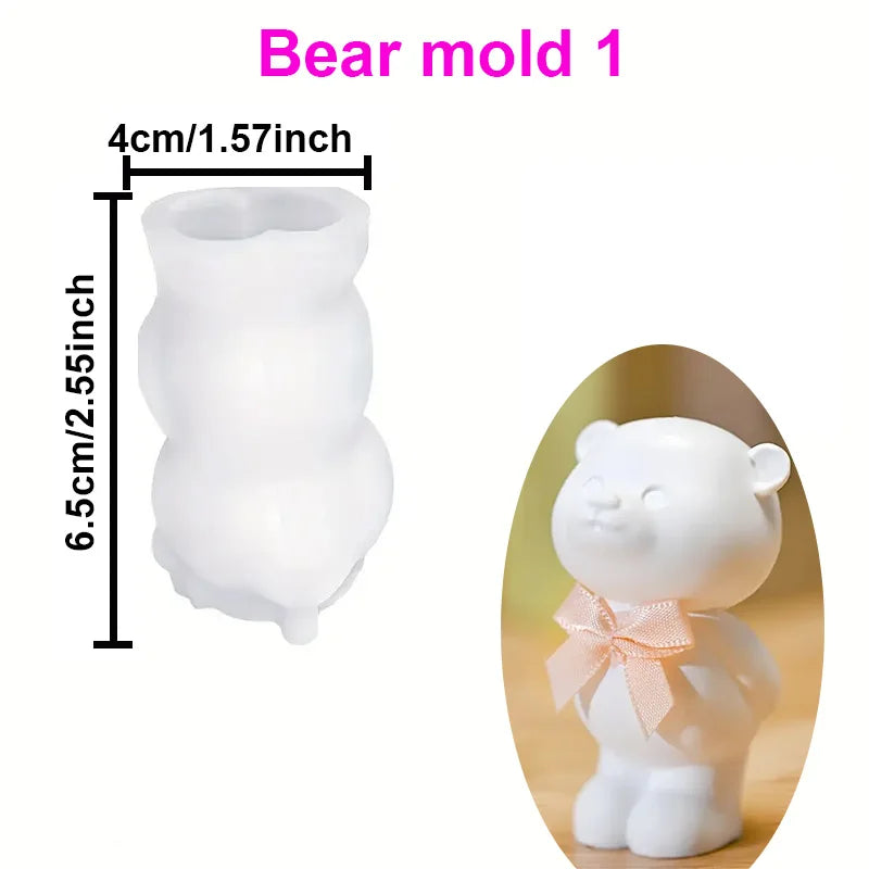 Silicone bear candle or soap mold with dimensions and a completed bear product on a white background