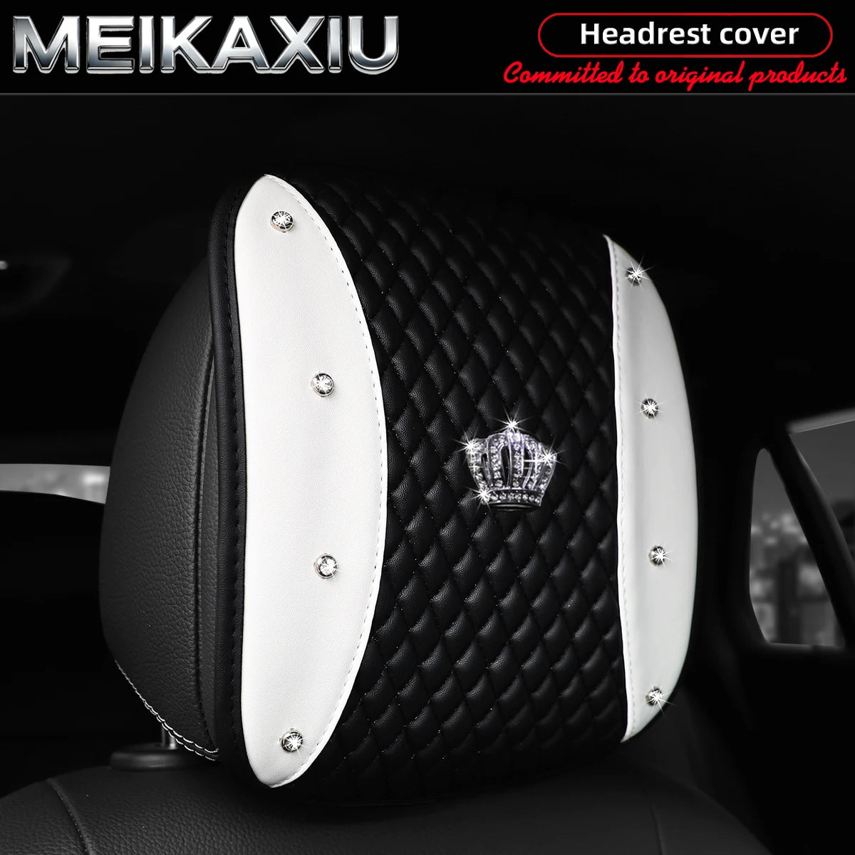 1/2PCS Multi-Color PU Leather Crown Headrest Covers with Embroidered Diamonds Rhinestones Bling Car Decorative Item