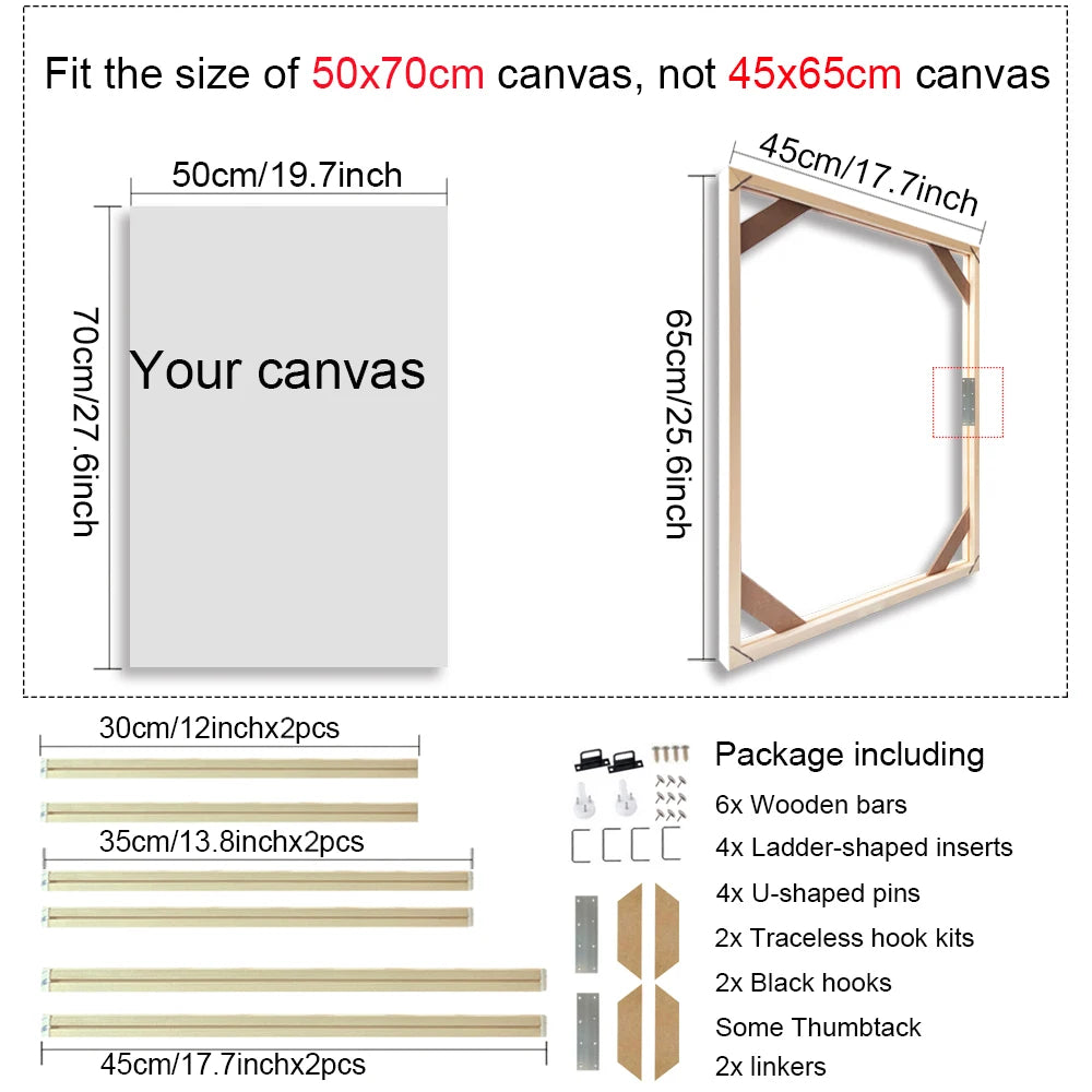 Measurement chart for a 50x70cm canvas with wooden frame and hardware package details.