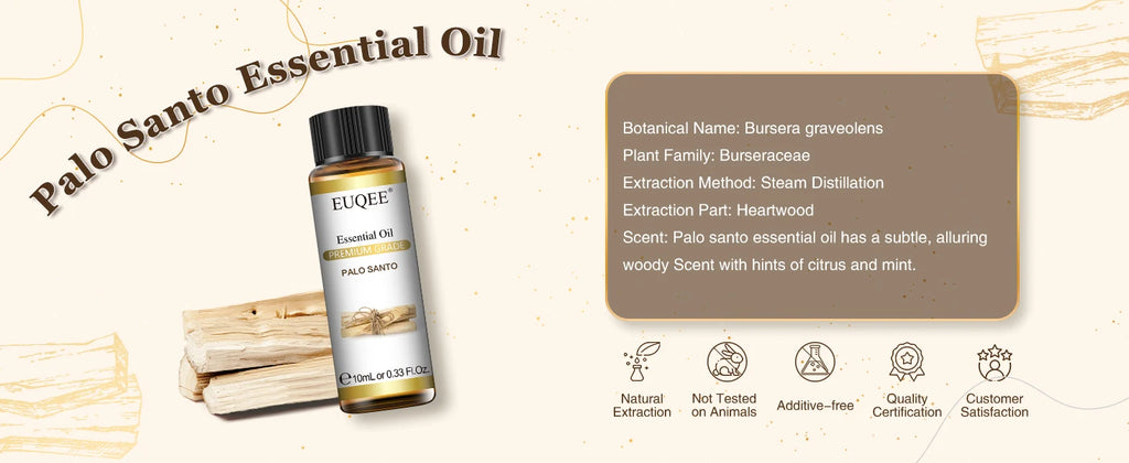 EUQEE 10ML Palo Santo Natural Essential Oil With Glass Dropper Oregano Cardamom Marjoram Fennel Lemon Eucalyptus Aroma Oils