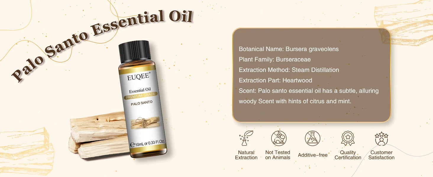 EUQEE 10ML Palo Santo Natural Essential Oil With Glass Dropper Oregano Cardamom Marjoram Fennel Lemon Eucalyptus Aroma Oils