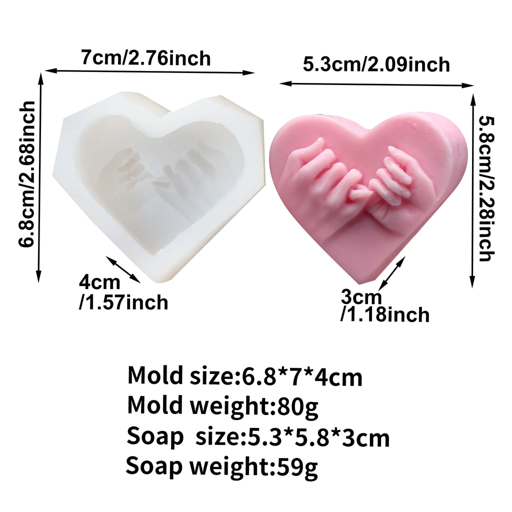Pinky-promise heart mold and soap casting diagram with separate dimensions and weights