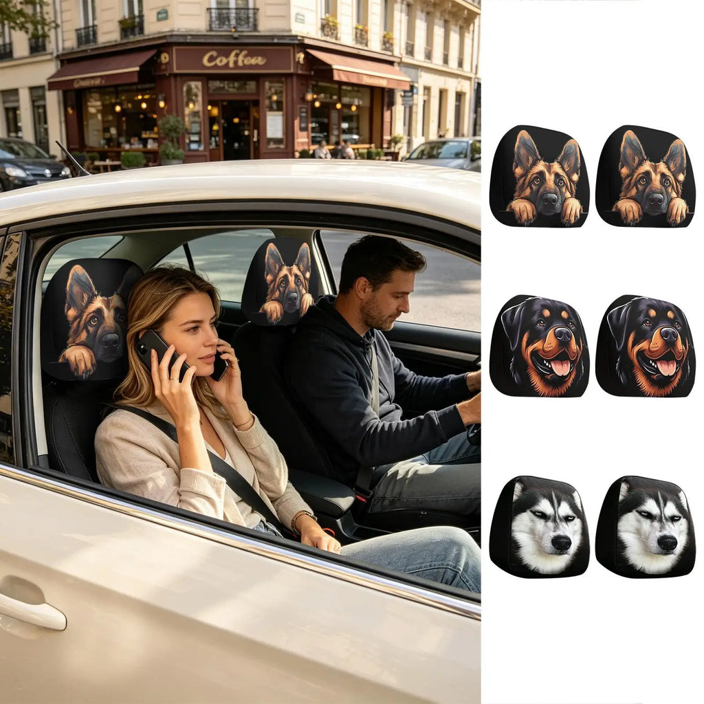 Car seat headrest covers featuring printed dog faces, shown installed in a real car with a couple inside on the left, and three smaller inset views on the right showing different dog face designs against a white background.