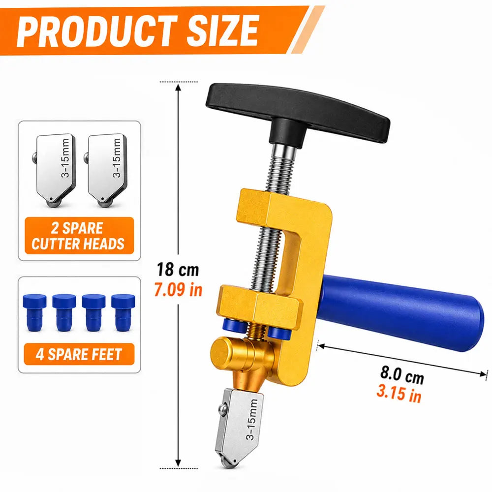 Product size diagram showing a manual nail punch/claw tool with a black T-handle, blue handle, and gold metal body, plus spare cutter heads and feet. The image includes dimension labels: 18 cm (7.