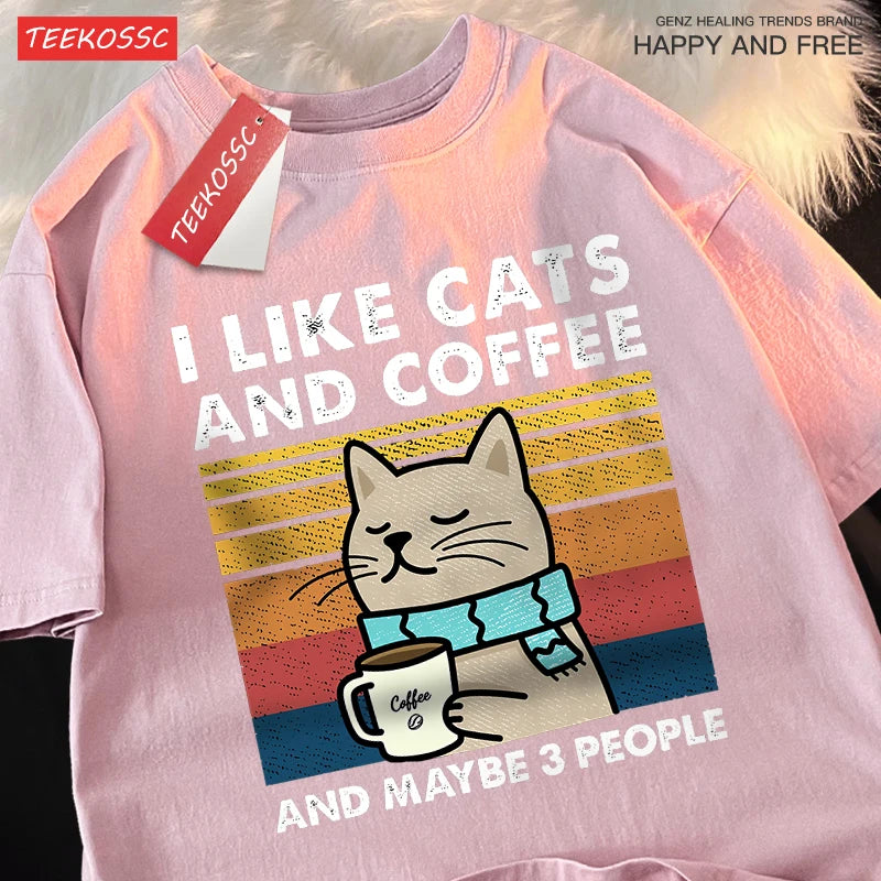 T-Shirt Unisex I Like Cats and Coffee and Maybe 3 People Funny Graphic Tee
