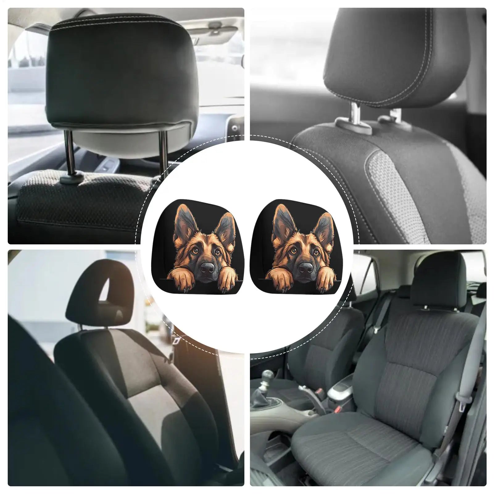 A collage showing car interior headrest and seat covers in use, with a central circular inset displaying two matching black pet portrait covers featuring German Shepherd dog faces. The product appears to be car seat/headrest covers or inserts, shown installed on vehicle seats and also as a pair in the center.