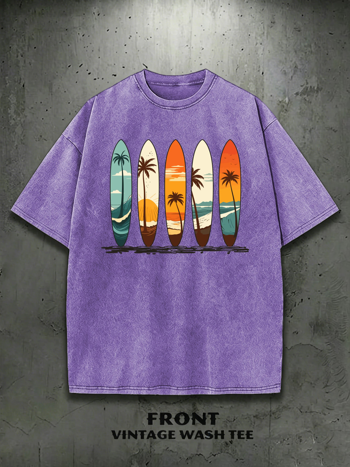 T-Shirt Surfboard Retro Surf Coconut Tree Vintage Wash Graphic Tee