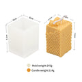 Square honeycomb pillar mold and yellow example candle diagram with separate mold and casting dimensions and weights